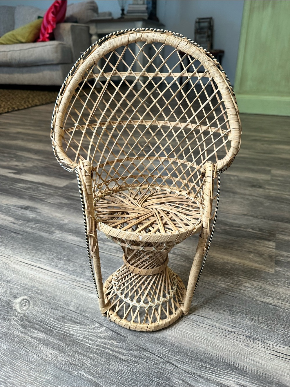 Vintage Miniature Peacock Chair Wicker Rattan Doll Chair Boho Decor 12” Tall